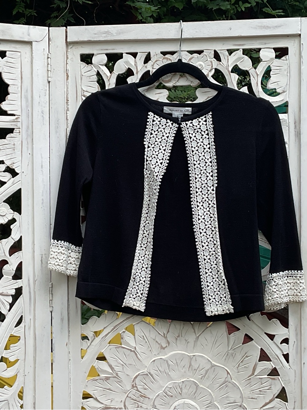August Silk Open Front Crochet-Trim Cardigan